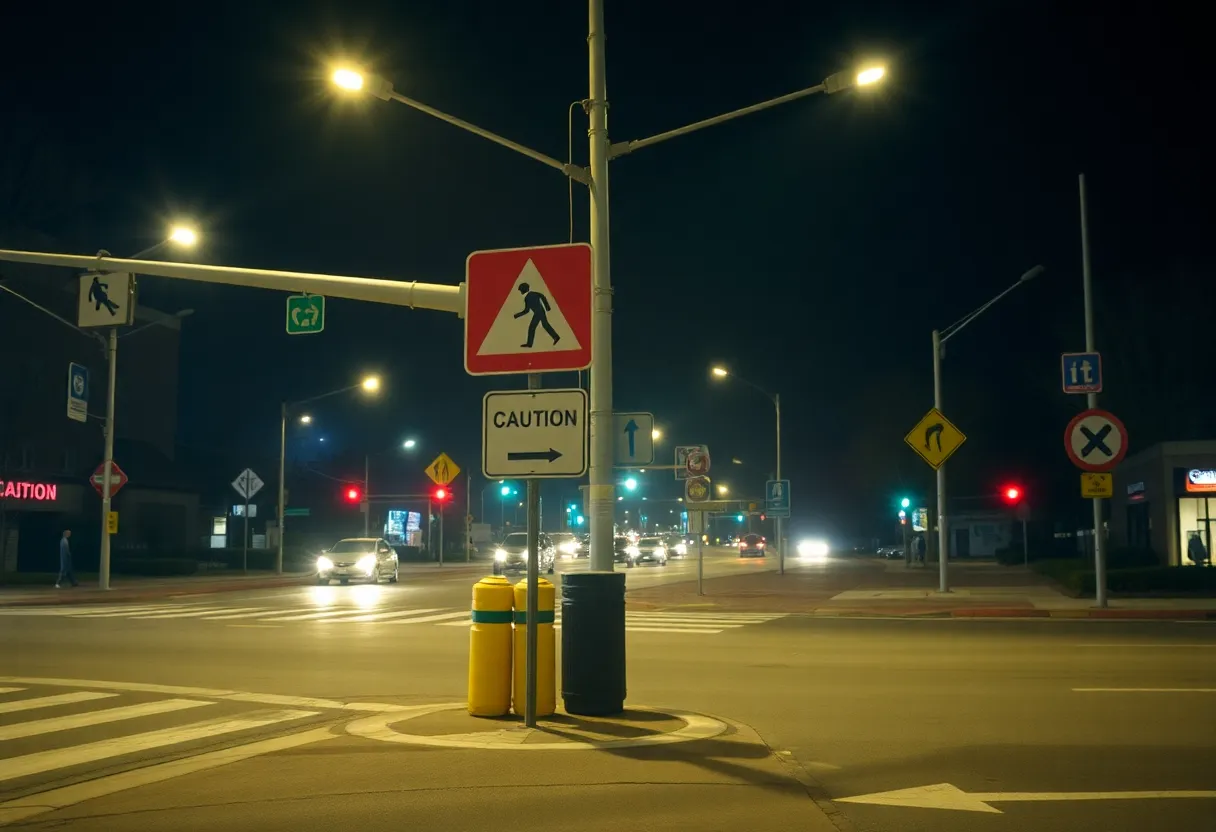 Busy intersection in Asheville at night with caution signs.