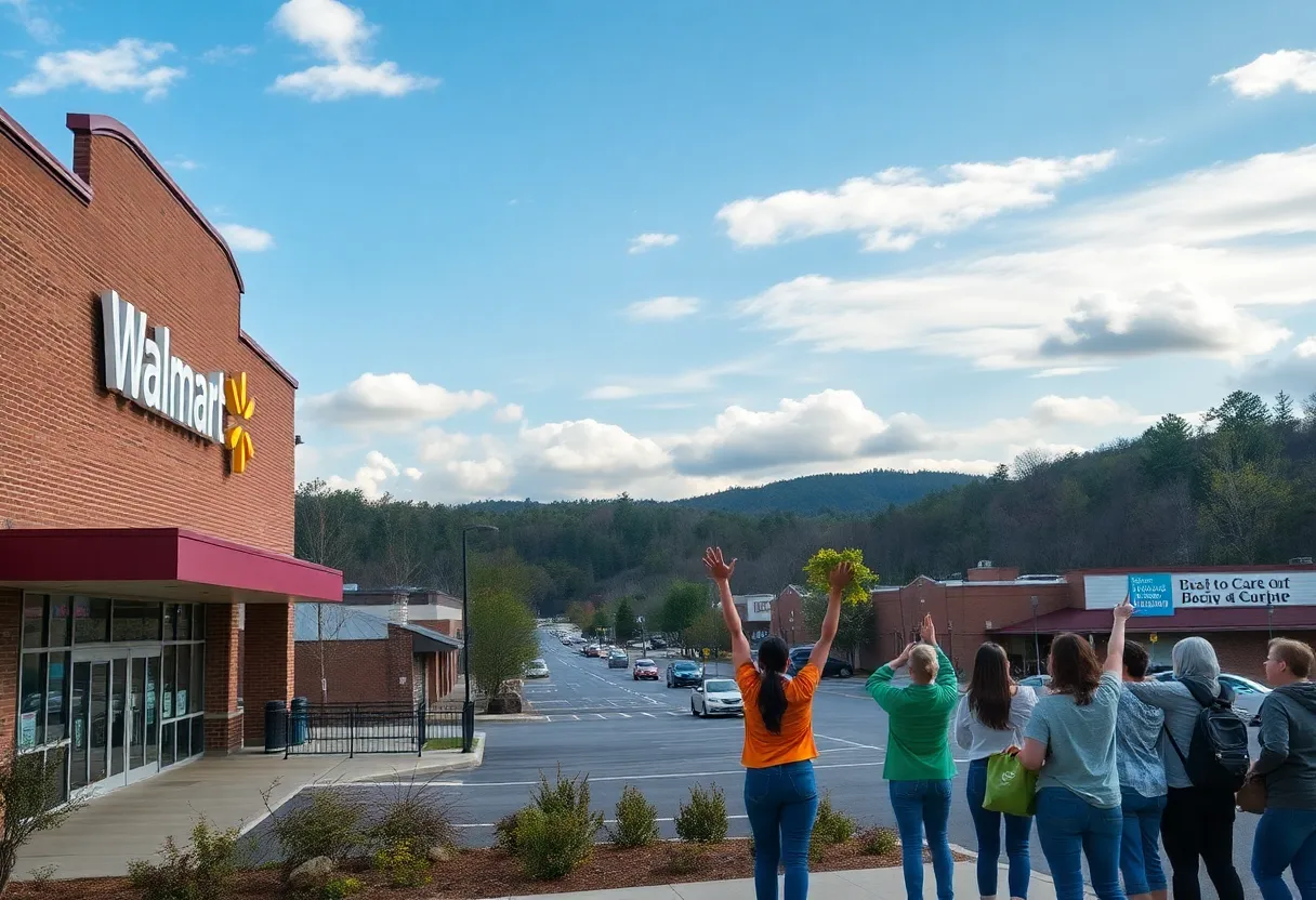 Community members celebrating the reopening of Walmart in Asheville after Hurricane Helene