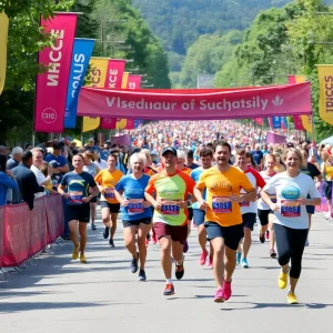 Participants running in the Beer City Relay Race, showcasing community spirit.