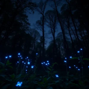 Illuminated blue ghost fireflies in the forest