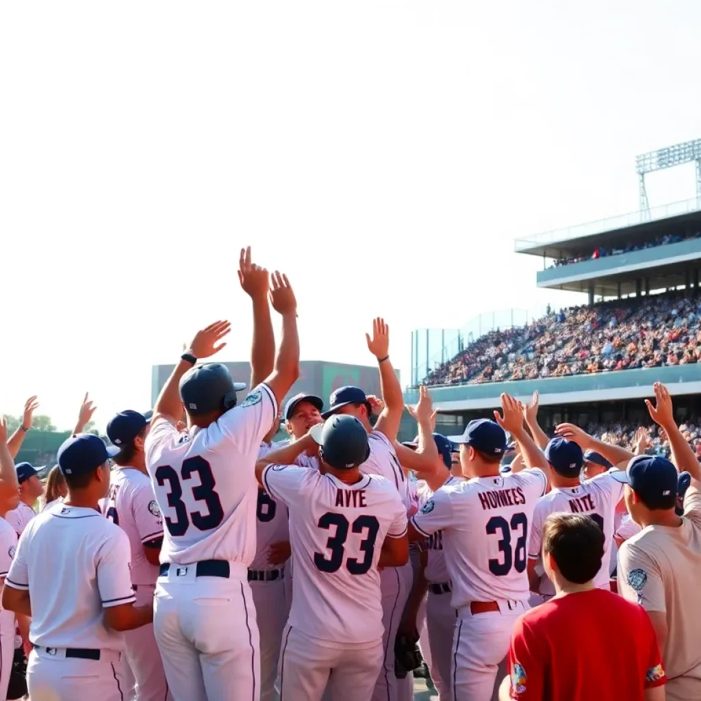 Charlotte Baseball team celebrating a record victory on the field