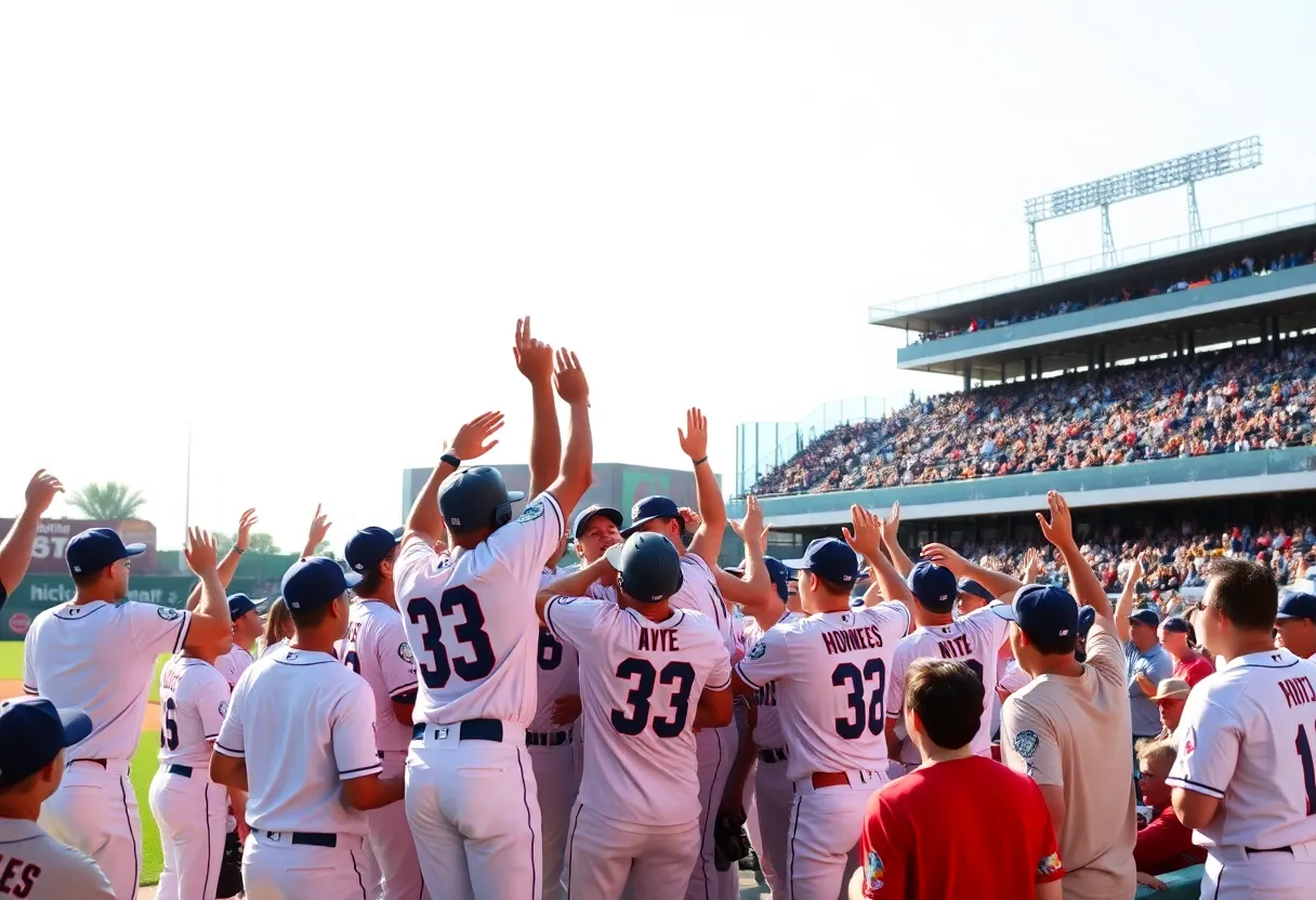 Charlotte Baseball team celebrating a record victory on the field