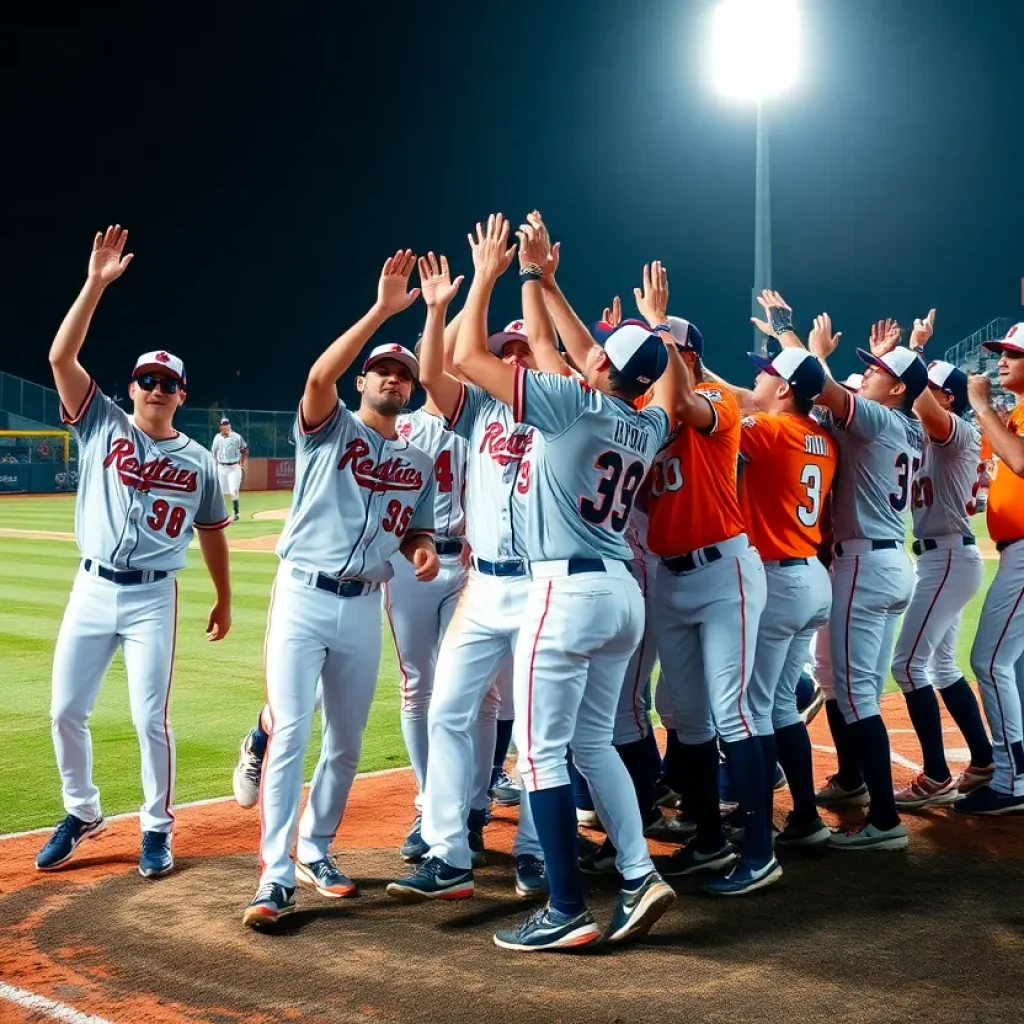 Charlotte Baseball team celebrating a historic win against UNC Asheville