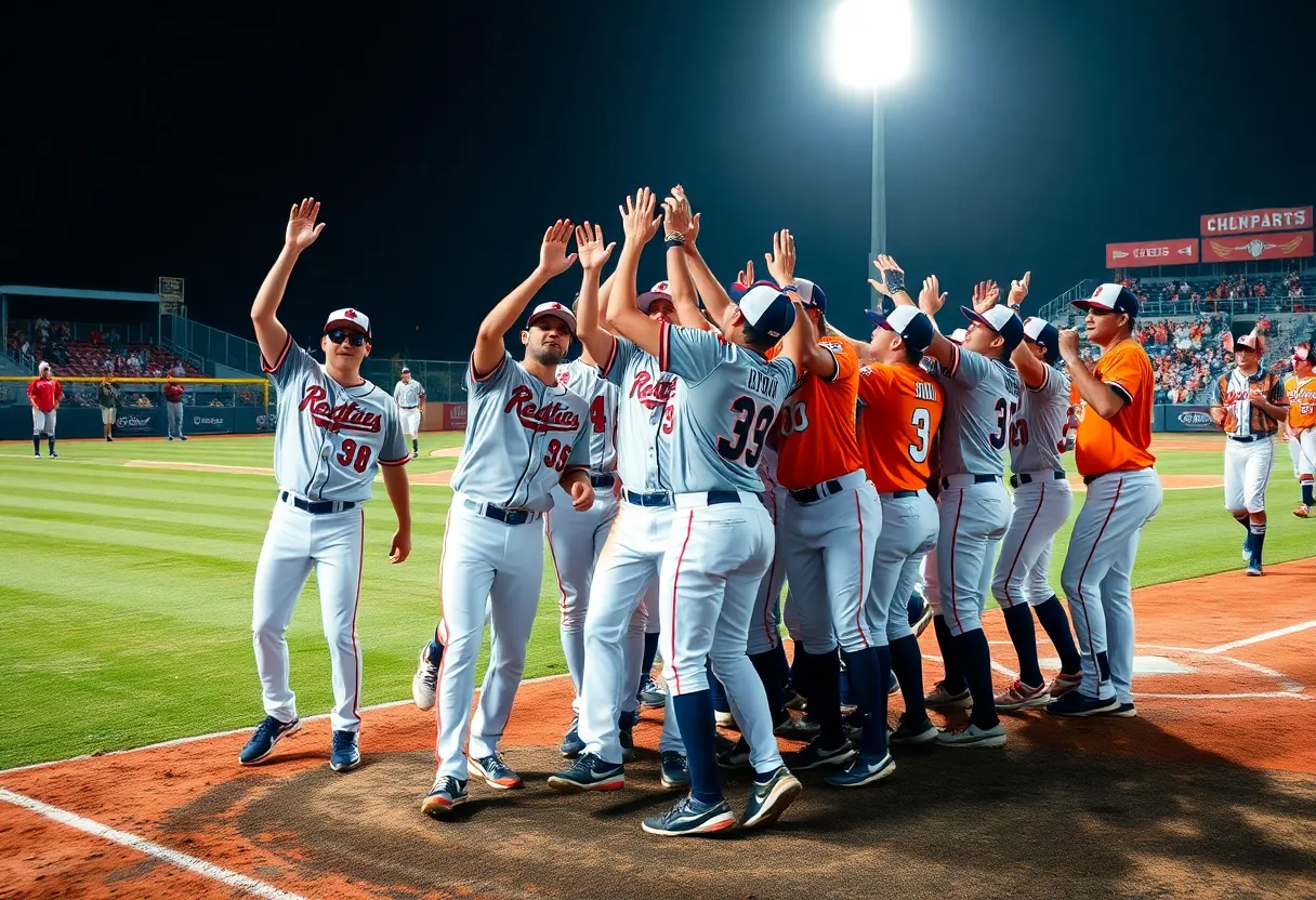 Charlotte Baseball team celebrating a historic win against UNC Asheville