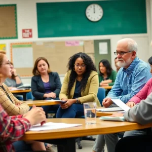 Community members discussing school funding concerns