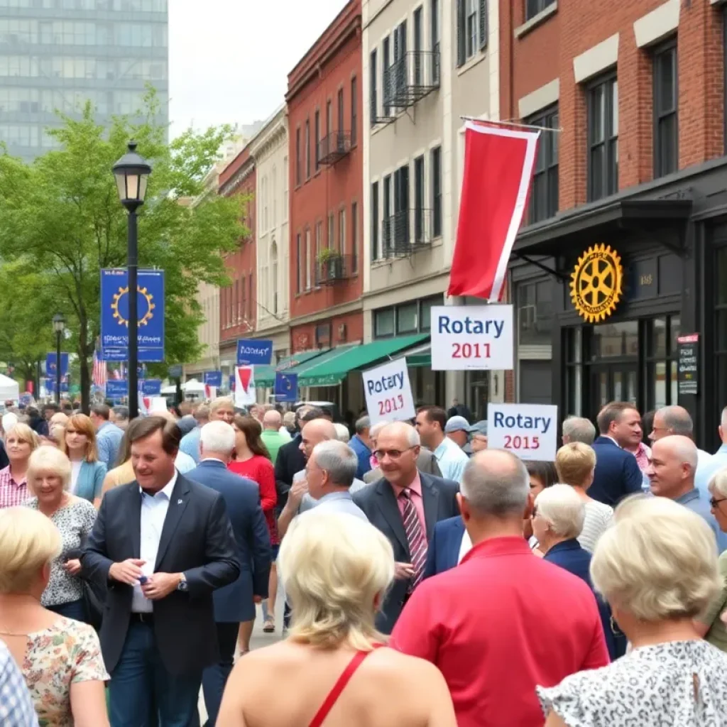 People talking at a Rotary event in downtown Asheville
