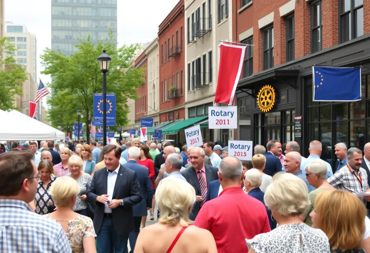 People talking at a Rotary event in downtown Asheville
