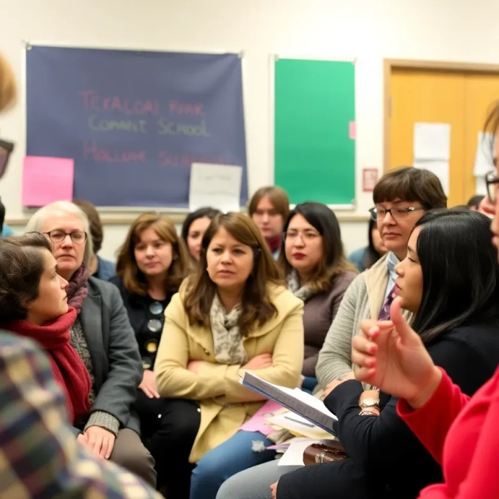 Parents and educators at a community meeting discussing budget cuts.