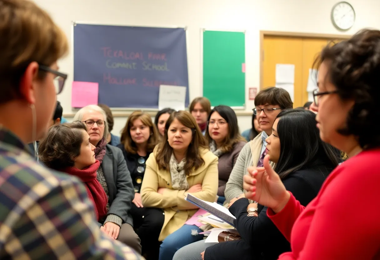 Parents and educators at a community meeting discussing budget cuts.