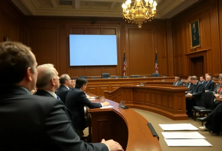 Courtroom scene representing a lawsuit regarding mifepristone