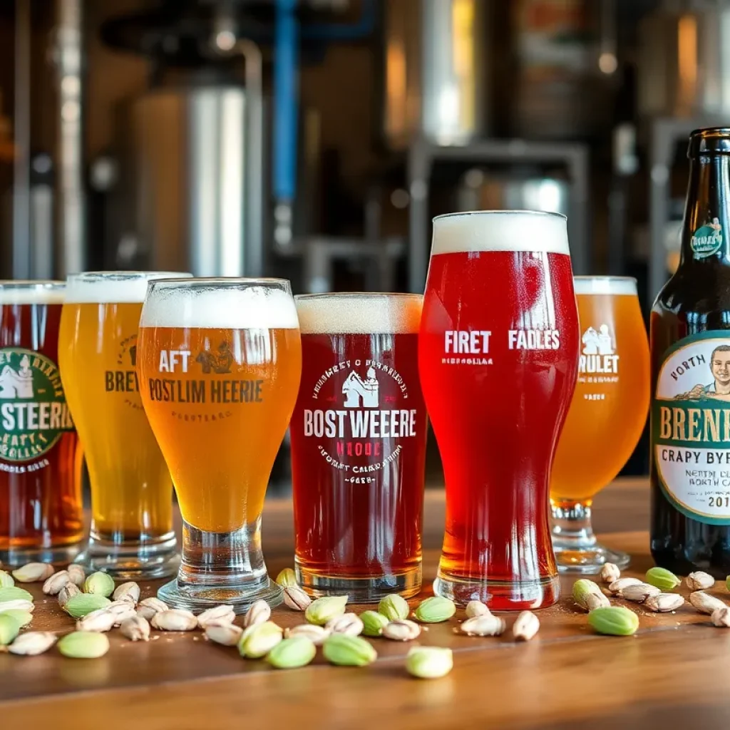 Assorted craft beers from North Carolina on wooden table