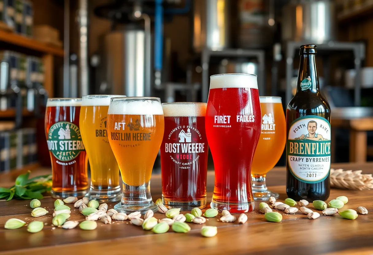 Assorted craft beers from North Carolina on wooden table