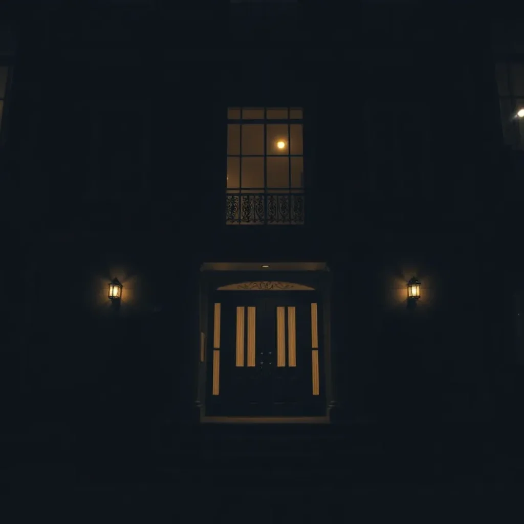 A tense and dark atmosphere of a luxurious townhouse related to a disturbing kidnapping case.