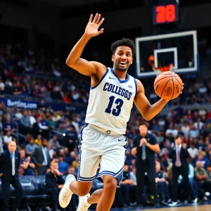 College basketball player in action during a game