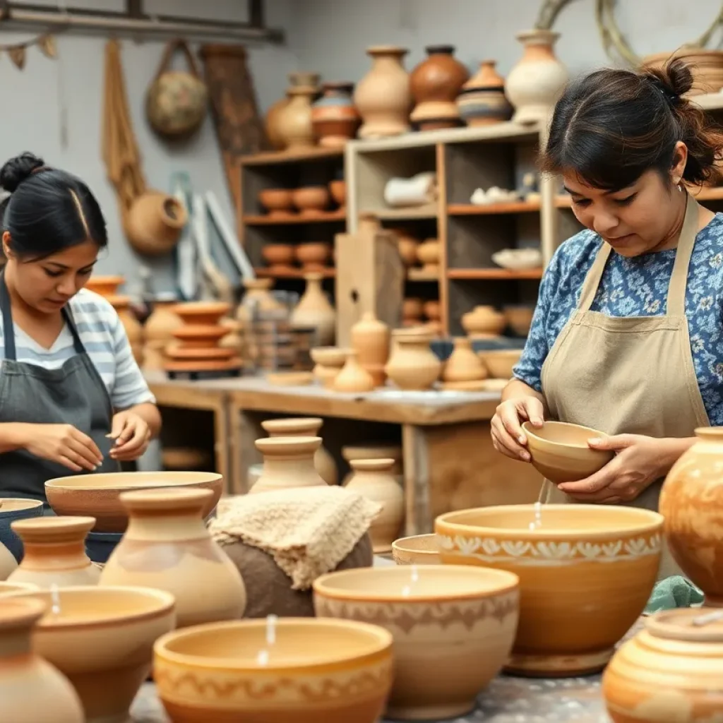 Artisans working in a pottery workshop, creating unique ceramic designs.