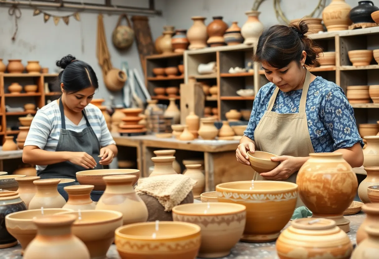 Artisans working in a pottery workshop, creating unique ceramic designs.