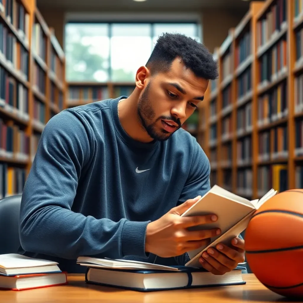 Student-athlete studying with basketball