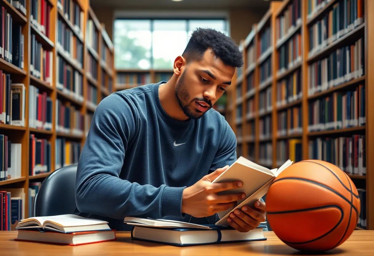 Student-athlete studying with basketball