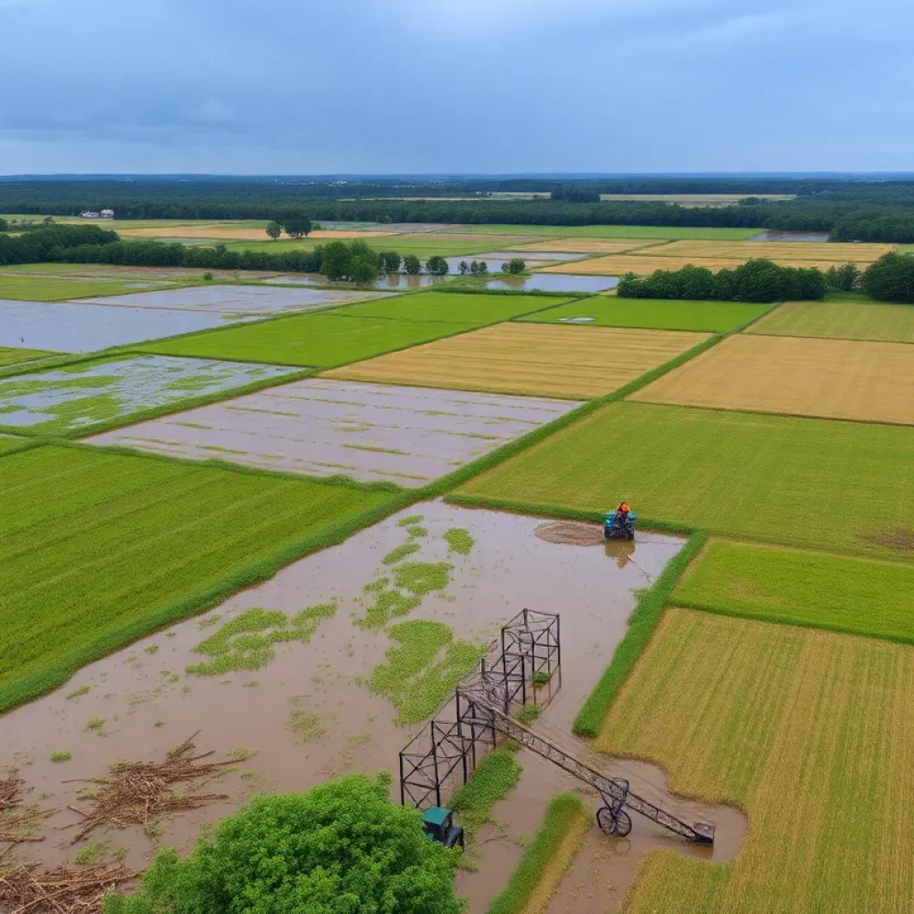 Aerial view of flooded farmland in Western North Carolina post-Hurricane Helene