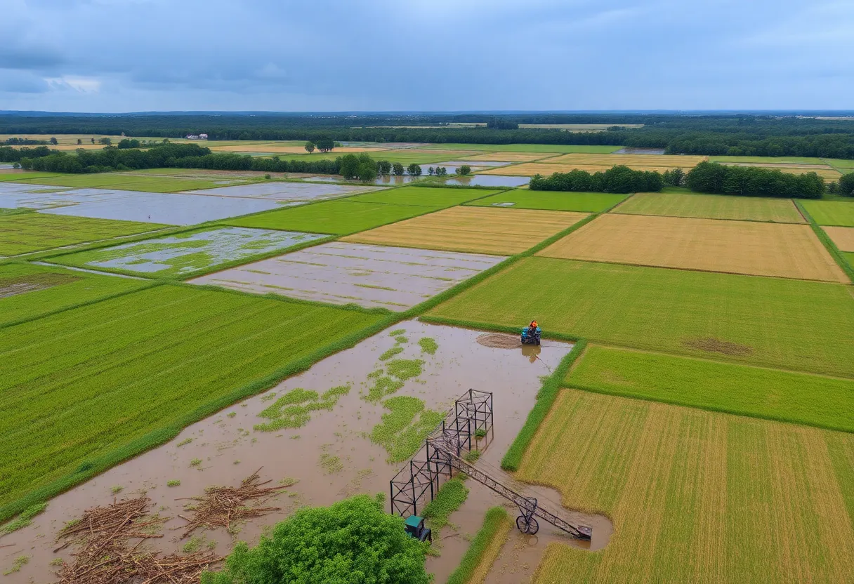 Aerial view of flooded farmland in Western North Carolina post-Hurricane Helene