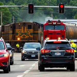 Freight train stalled in Greeneville blocking traffic at a major intersection.