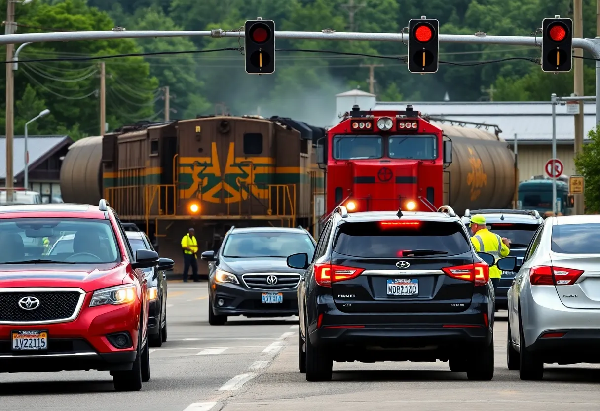 Freight train stalled in Greeneville blocking traffic at a major intersection.