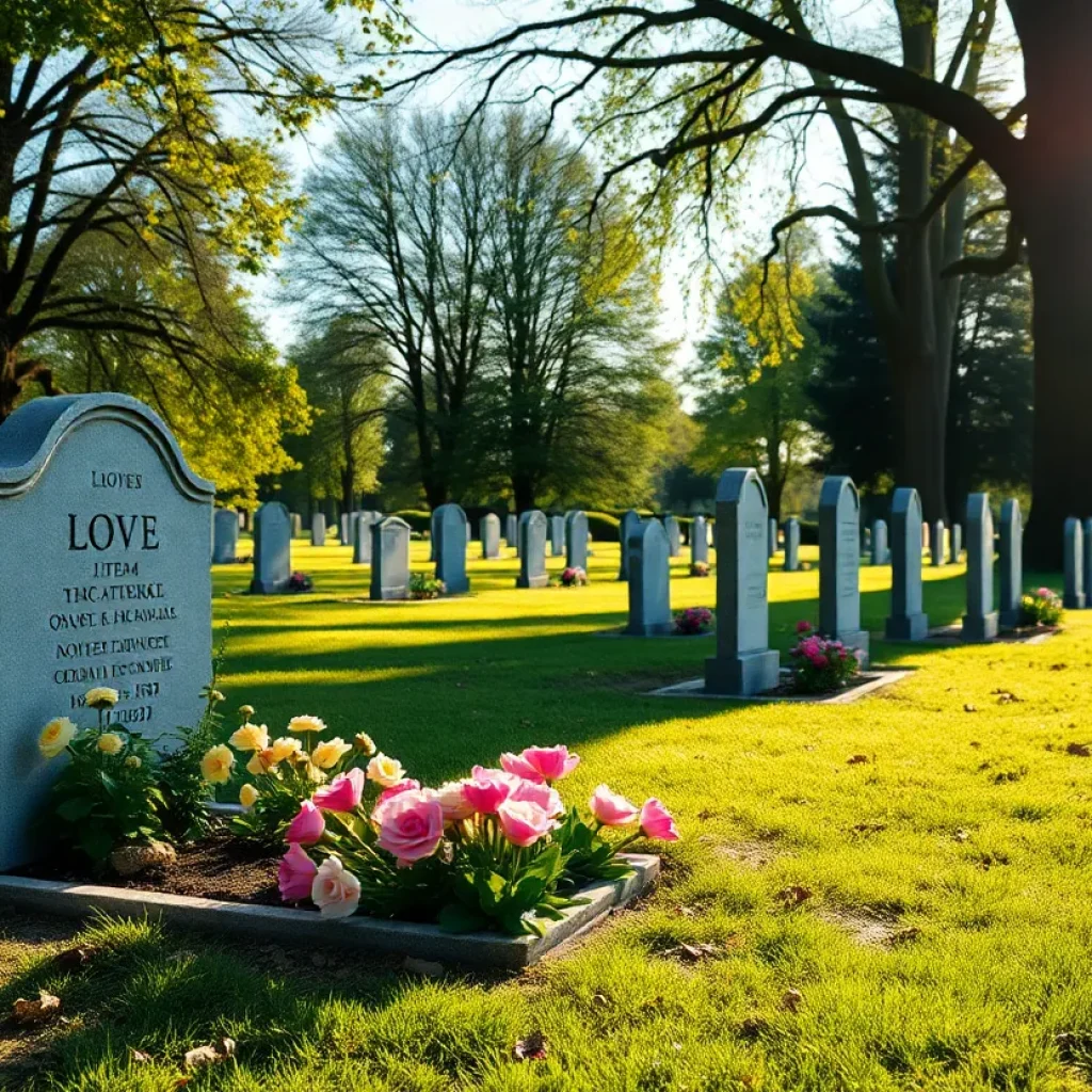 A serene graveside scene with flowers and trees.