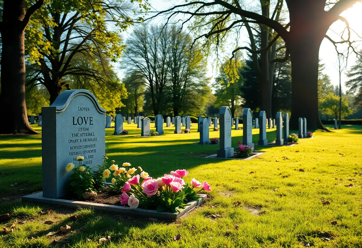 A serene graveside scene with flowers and trees.