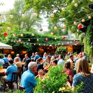 Outdoor beer garden filled with patrons enjoying beverages and local scenery