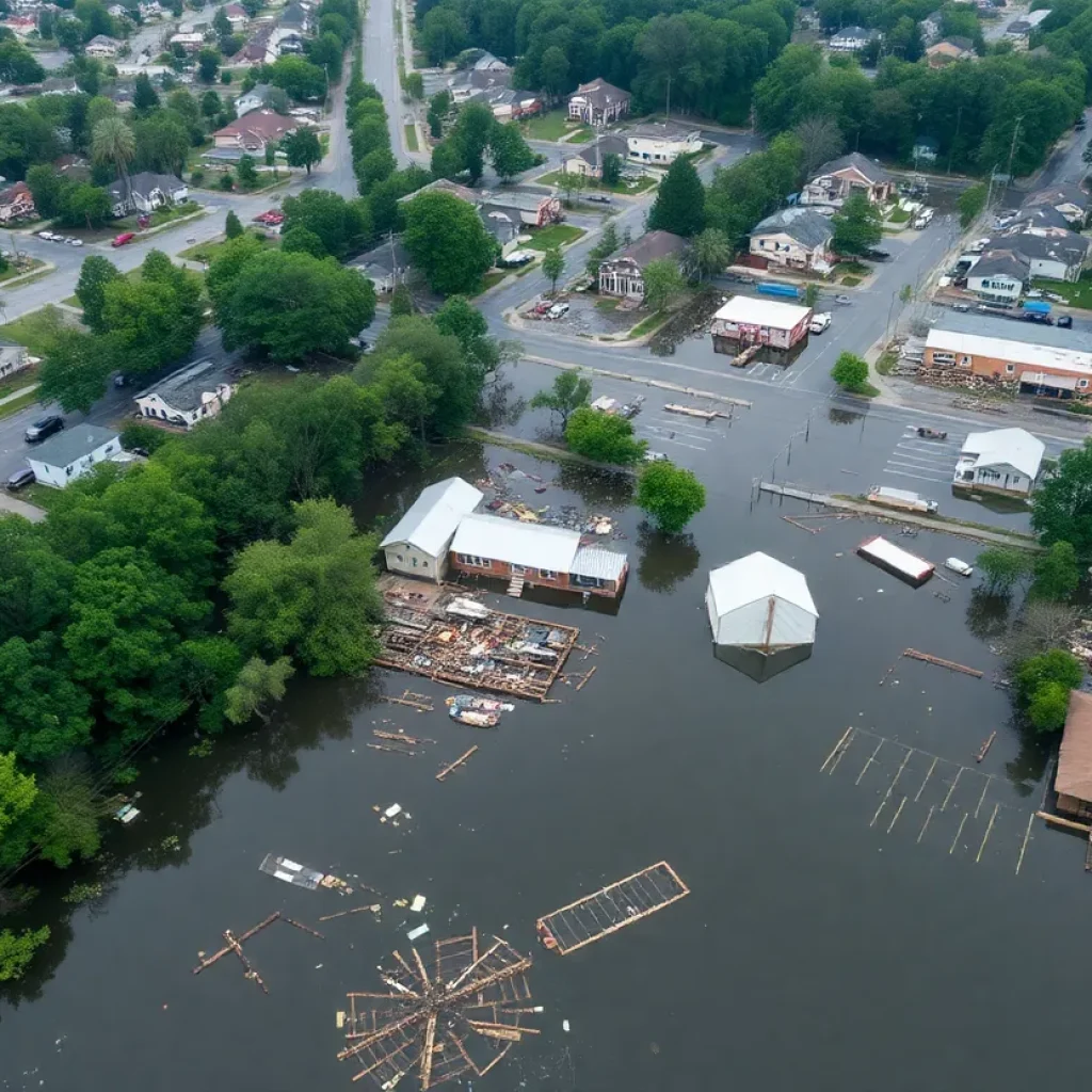 Severe flooding in Western North Carolina following Hurricane Helene, showing debris and destroyed properties.