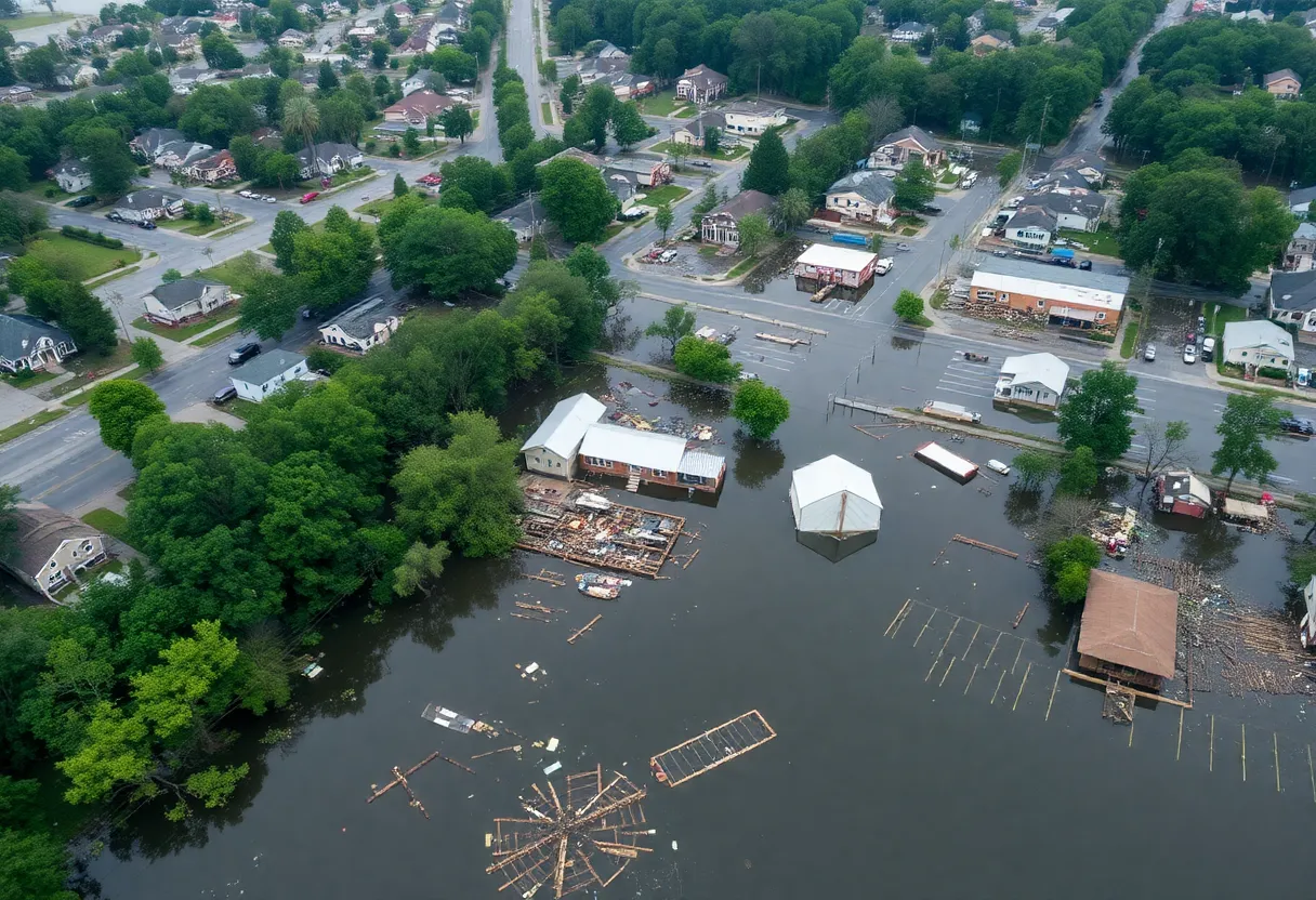 Severe flooding in Western North Carolina following Hurricane Helene, showing debris and destroyed properties.