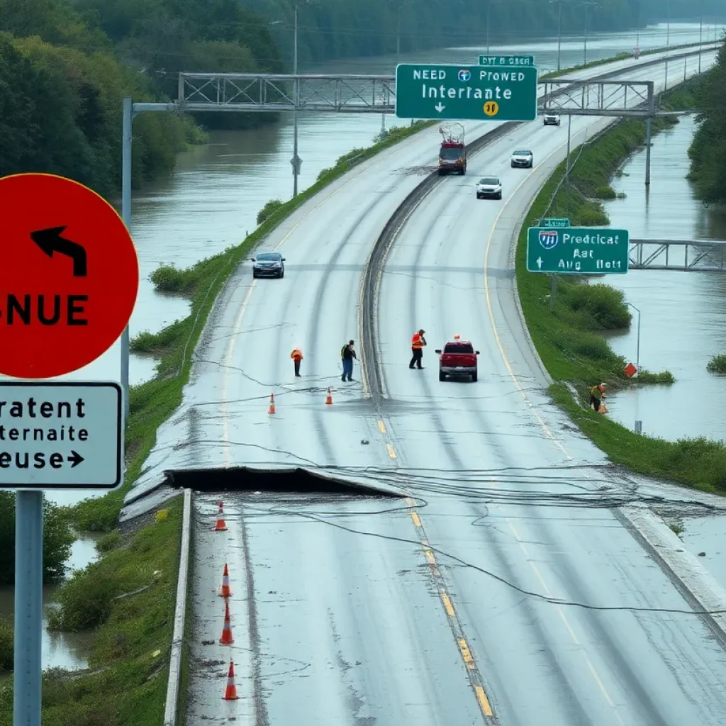 Damaged I-40 highway with emergency crews assessing flood damage.