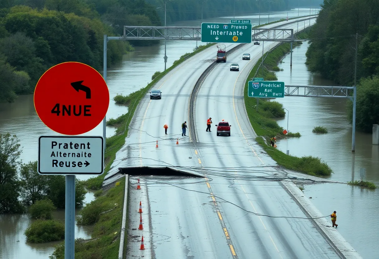 Damaged I-40 highway with emergency crews assessing flood damage.