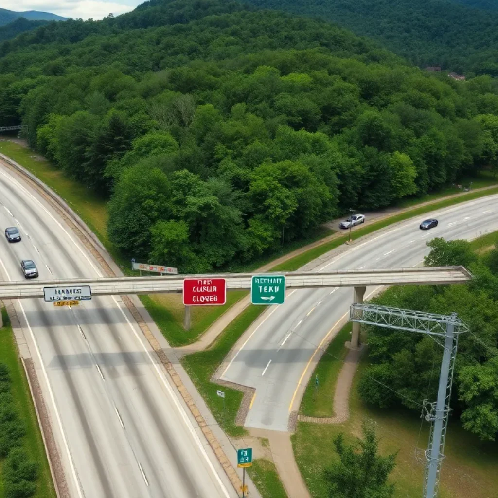 Traffic signs indicating closure of Interstate 40 West in Asheville, NC
