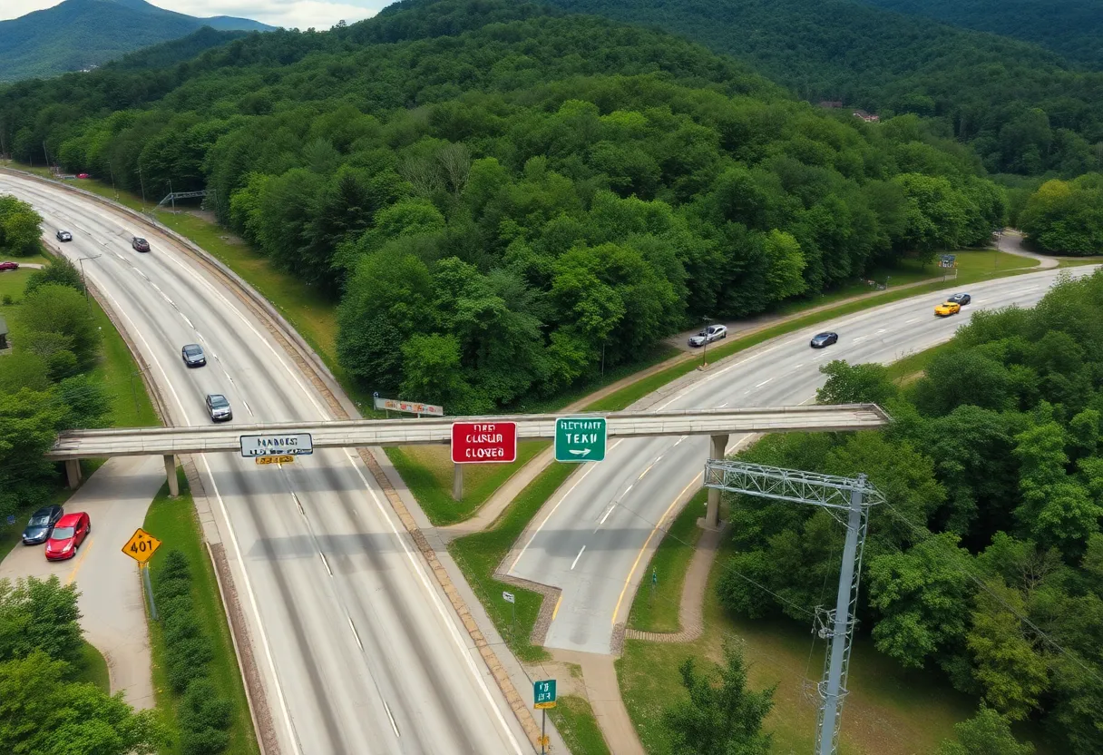 Traffic signs indicating closure of Interstate 40 West in Asheville, NC