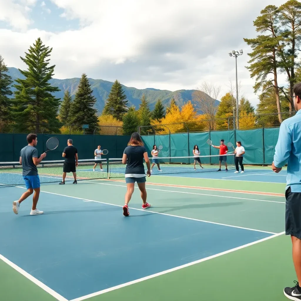 Tennis players practicing on a university court