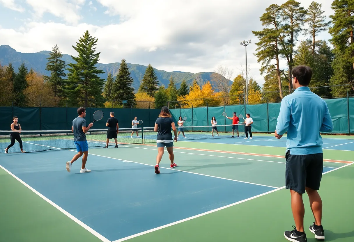 Tennis players practicing on a university court