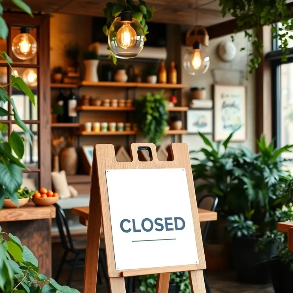 Exterior of Laughing Seed Cafe with a closed sign