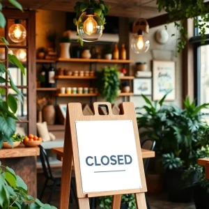 Exterior of Laughing Seed Cafe with a closed sign