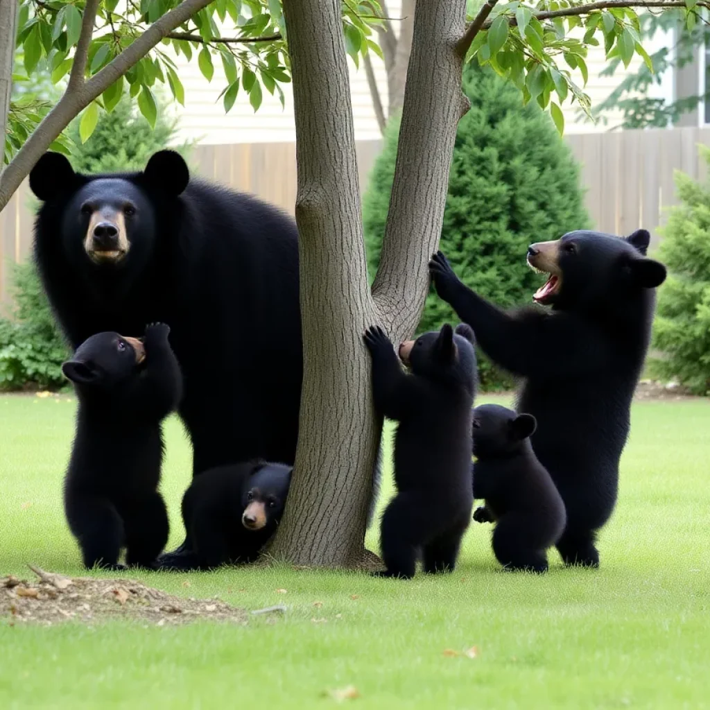 Mama black bear Amy with her four cubs playing in Asheville