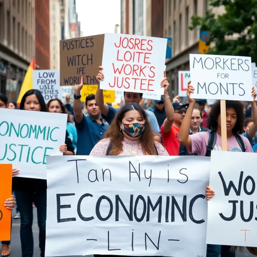 Protesters at the May Day events in Asheville and Hendersonville holding signs for workers' rights