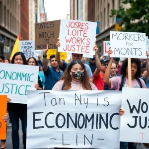 Protesters at the May Day events in Asheville and Hendersonville holding signs for workers' rights