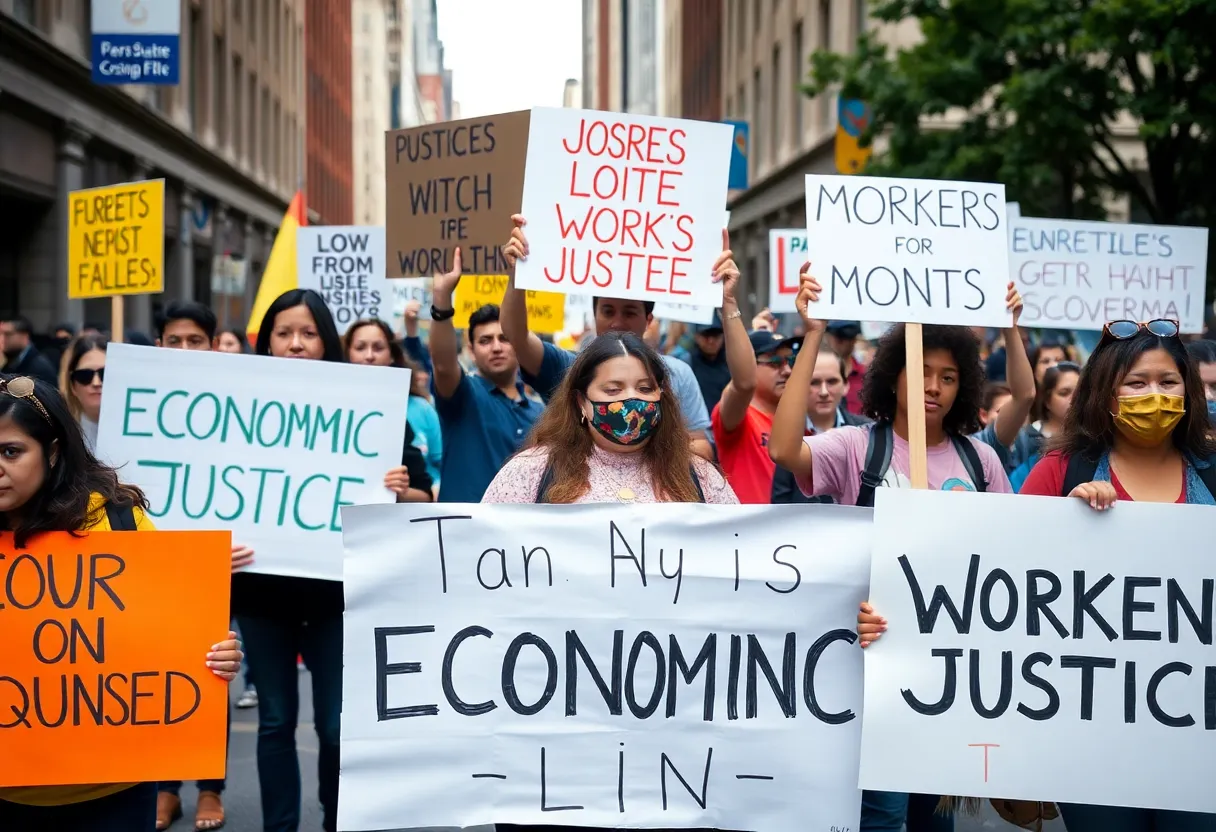 Protesters at the May Day events in Asheville and Hendersonville holding signs for workers' rights