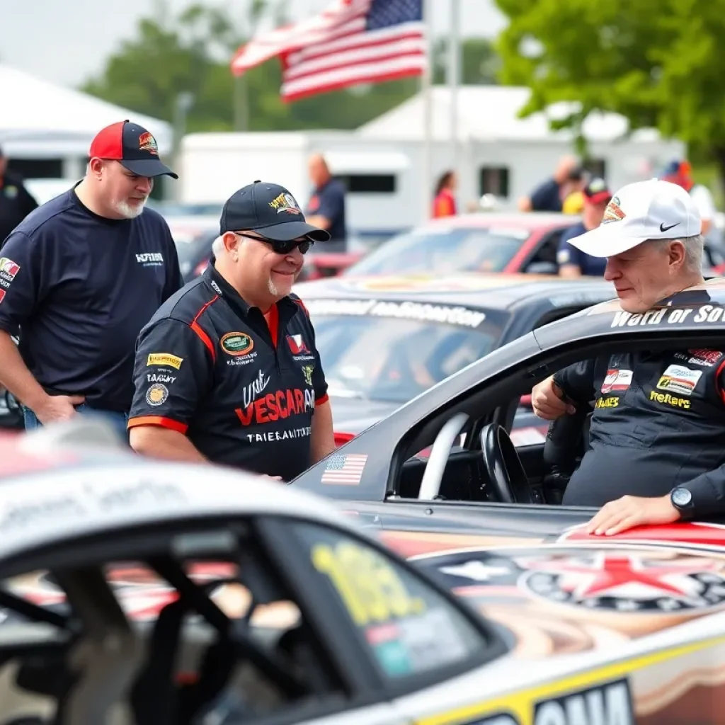 NASCAR race cars with veterans at a community event in Asheville