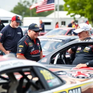 NASCAR race cars with veterans at a community event in Asheville