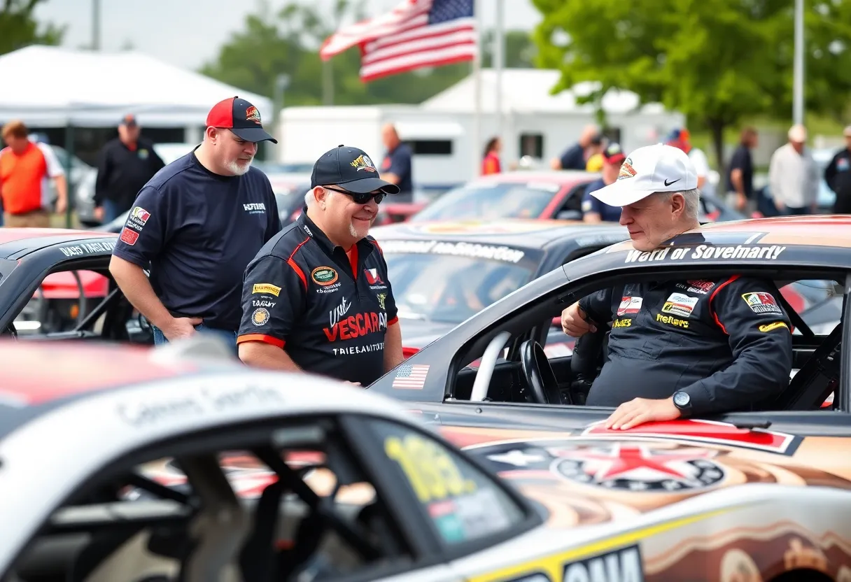 NASCAR race cars with veterans at a community event in Asheville