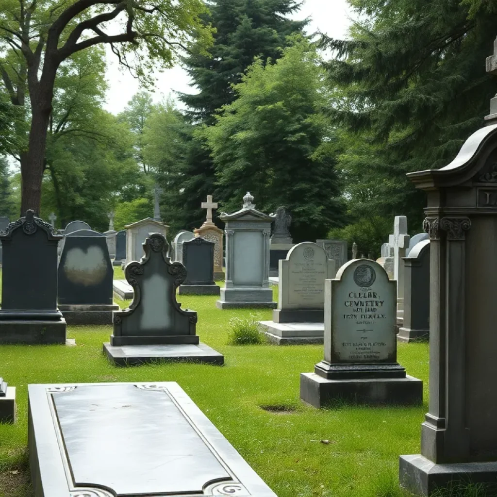 View of Riverside Cemetery showing grave headstones and natural surroundings.