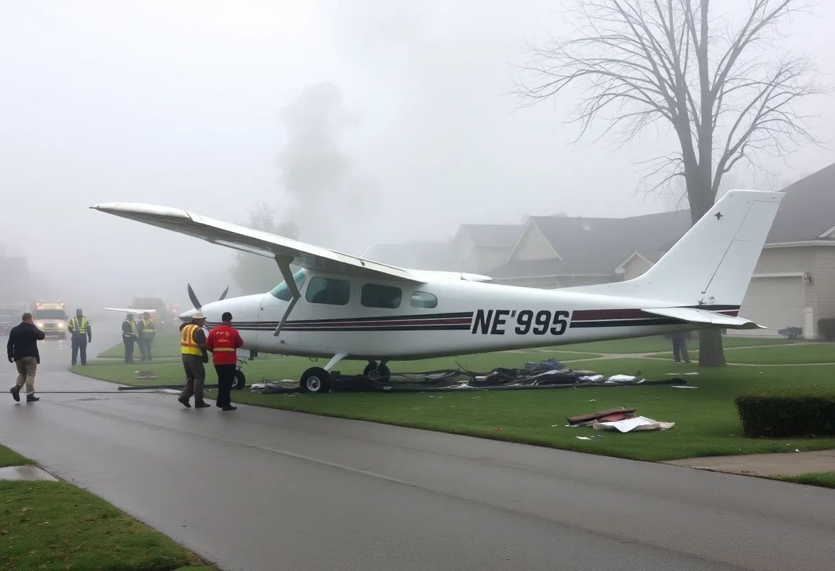 Aerial view showing the site of the plane crash in a suburban neighborhood.