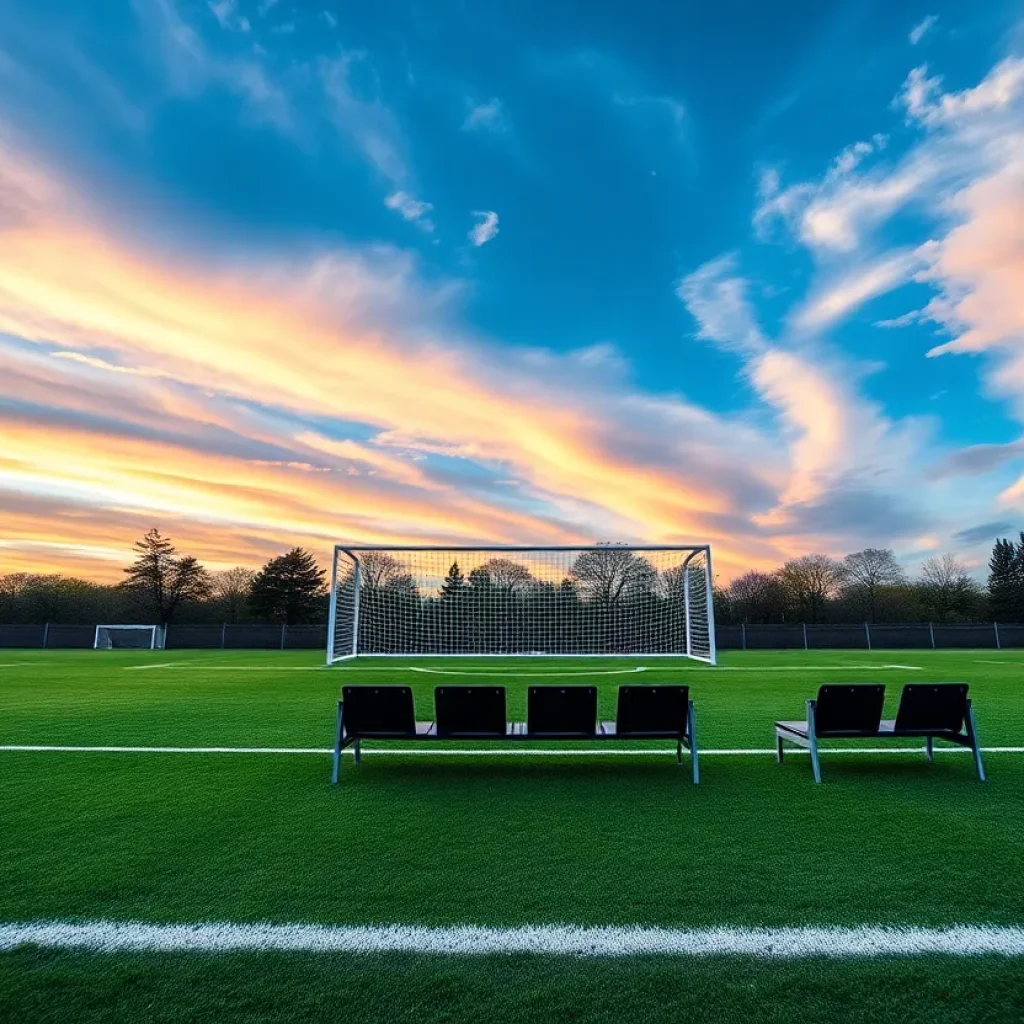 Soccer field with goals and coaching bench, representing leadership in sports.
