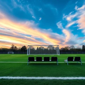 Soccer field with goals and coaching bench, representing leadership in sports.